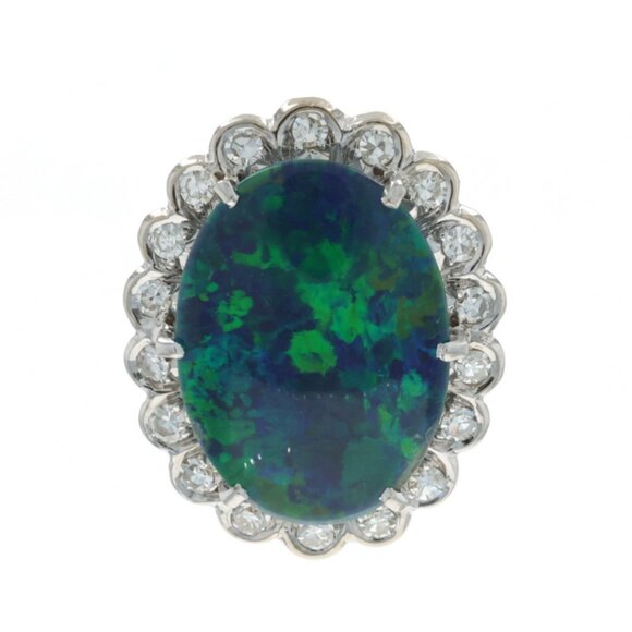 Yellow Gold Australian Black Opal Triplet Dia Vintage Halo  Yellow Gold Australian Black Opal Triplet Dia Vintage Halo Brooch 14k .45ctw Pin